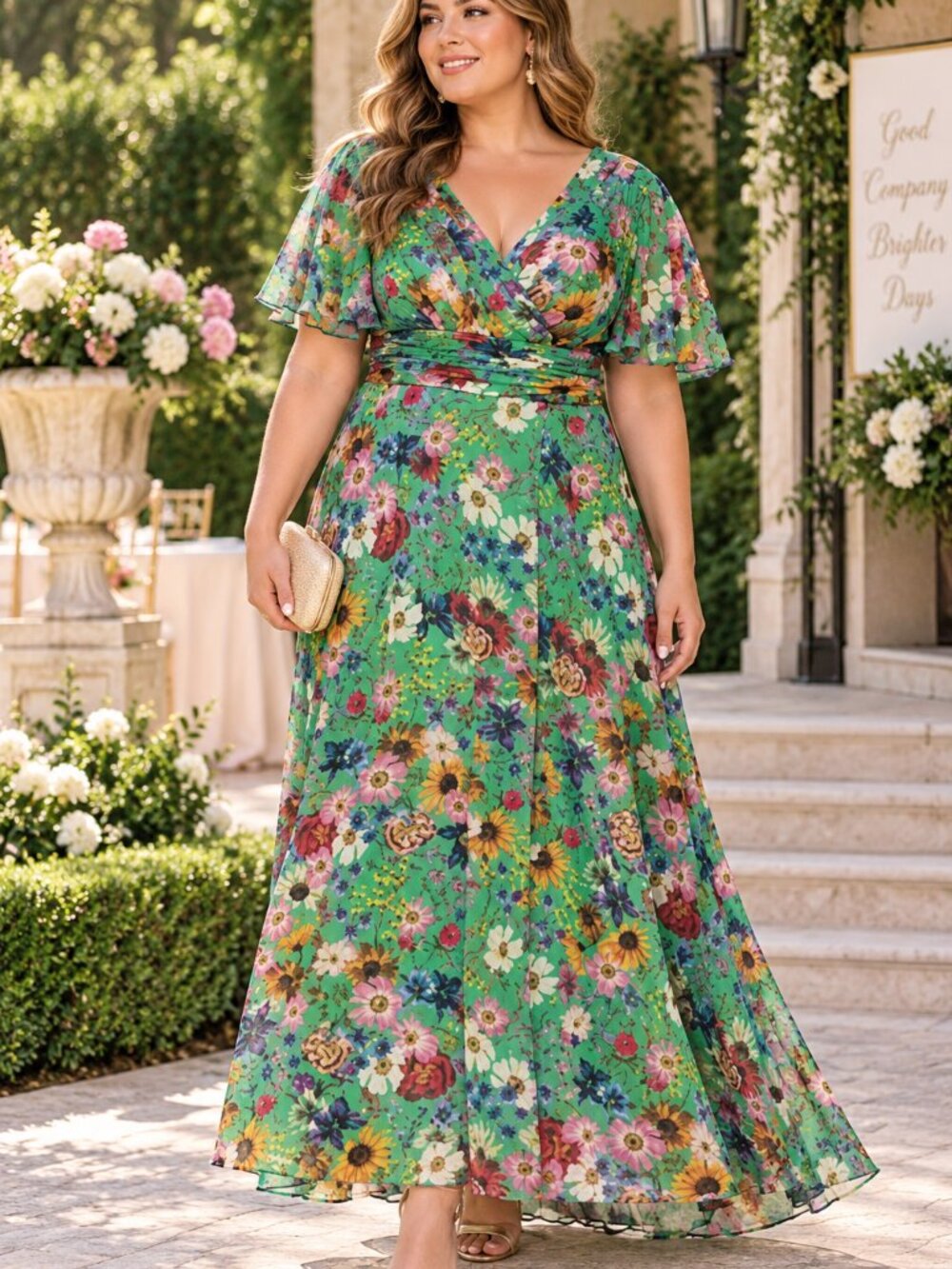 Betsy & Adam Green Plus Size Floral Print Flutter Sleeve A-Line Maxi Dress 20W